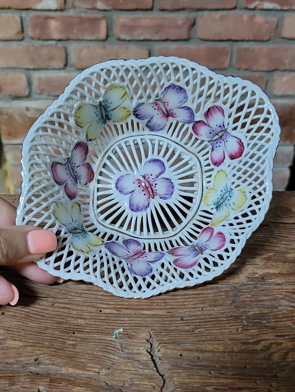 1970's Cluj-Napoca Fine Porcelain Intricate Lattice Weave Butterfly Basket Bowl